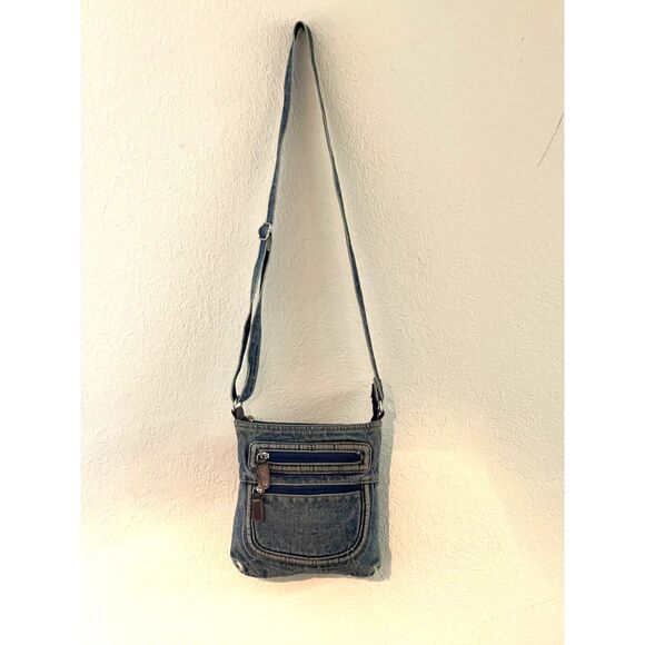 Vintage Denim Distressed Washed Blue Jean 90s Crossbody Handbag Bag Purse - Picture 1 of 13